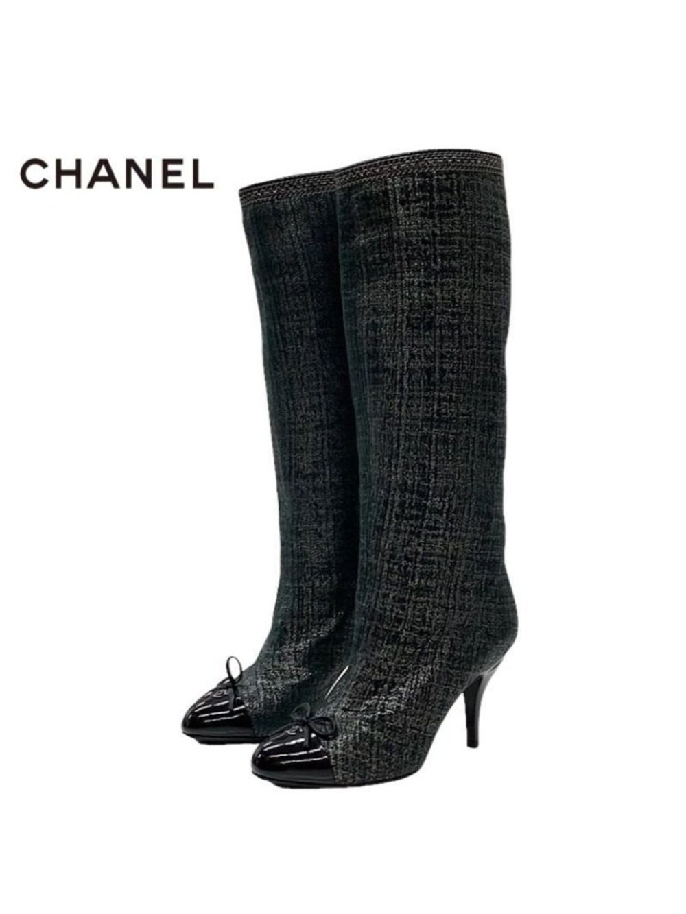 Chanel Boots Long Coco Mark Ribbon Chain Fabric Black - Picture 2 of 11